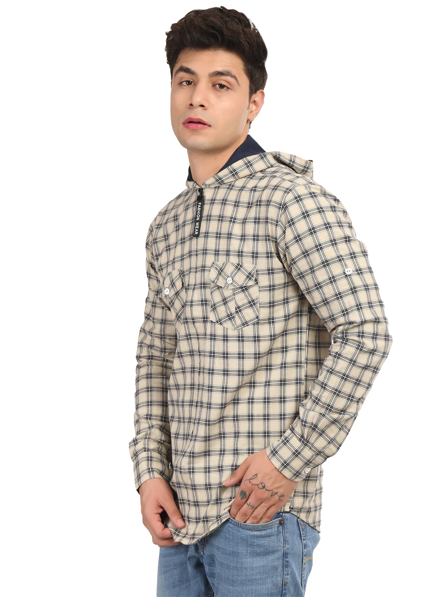 Checkered Hood Chain Shirt for men cream