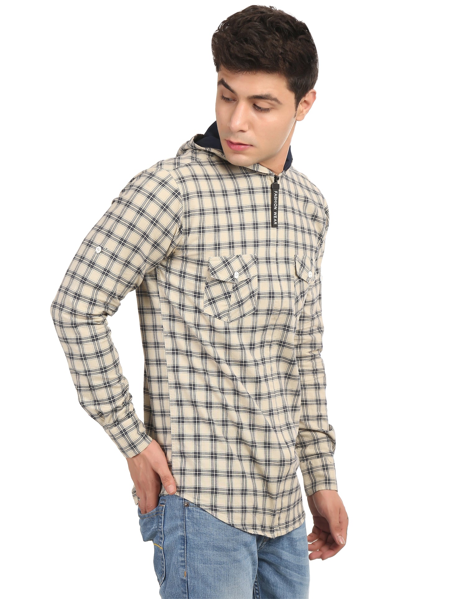 Checkered Hood Chain Shirt for men cream