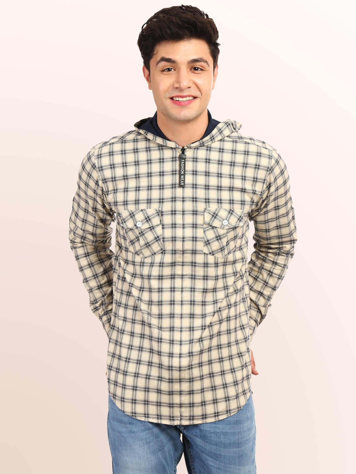 Checkered Hood Chain Shirt for men cream