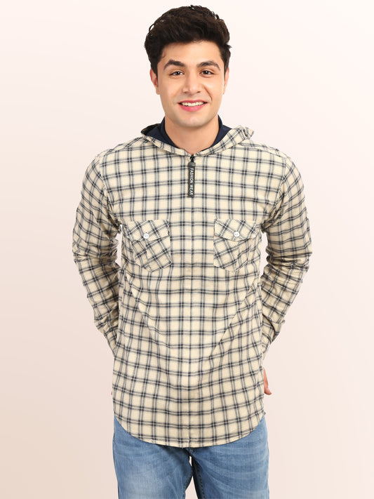 Checkered Hood Chain Shirt for men cream