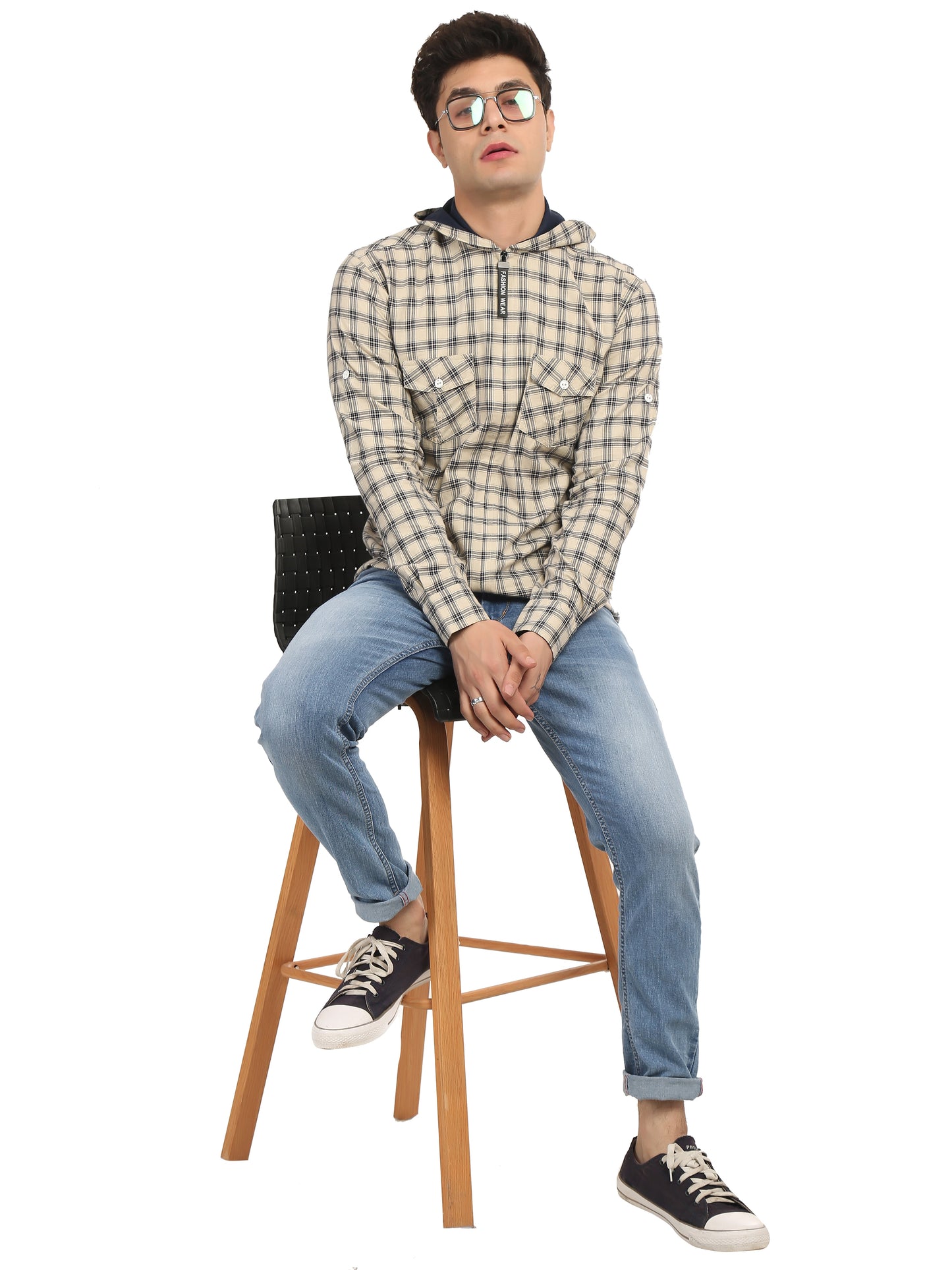 Checkered Hood Chain Shirt for men cream