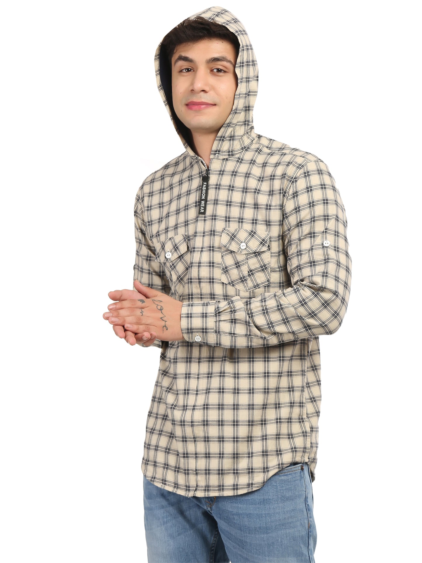 Checkered Hood Chain Shirt for men cream